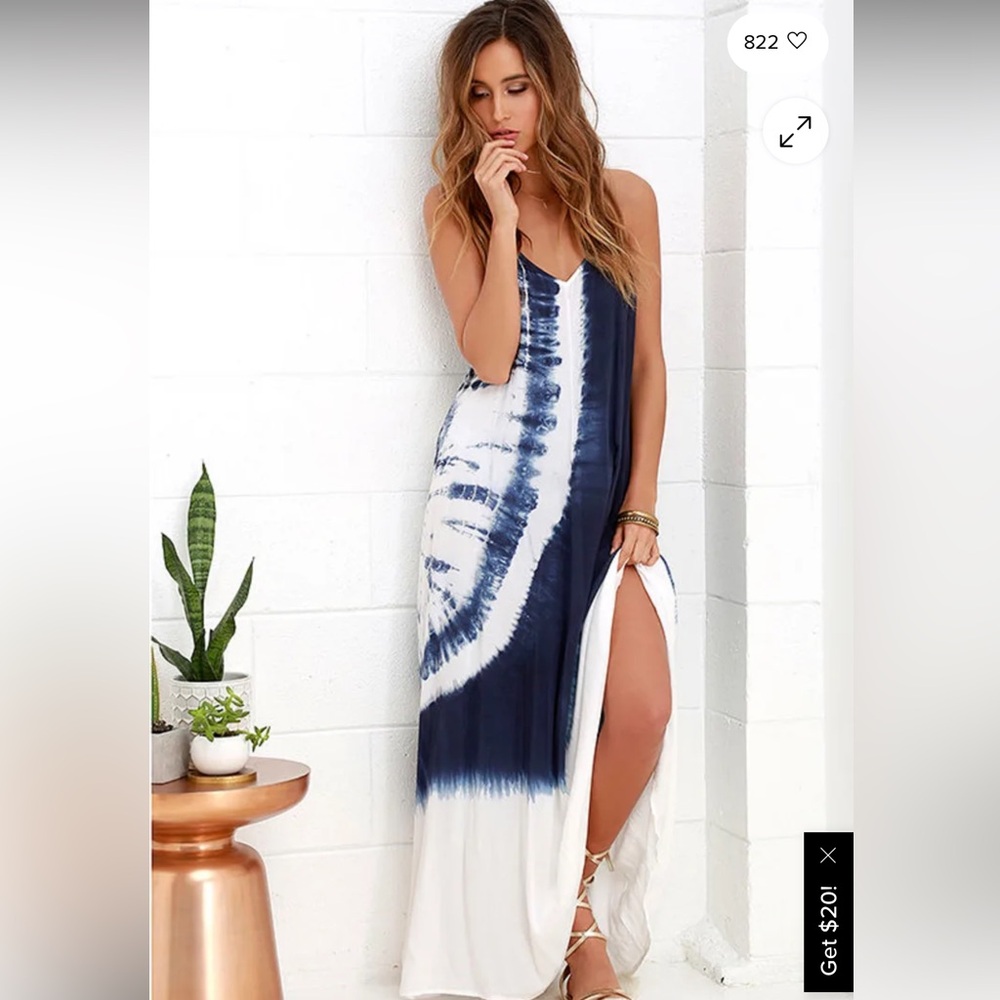 Sleeveless Blue & White Tie-Dye Slip Maxi Dress